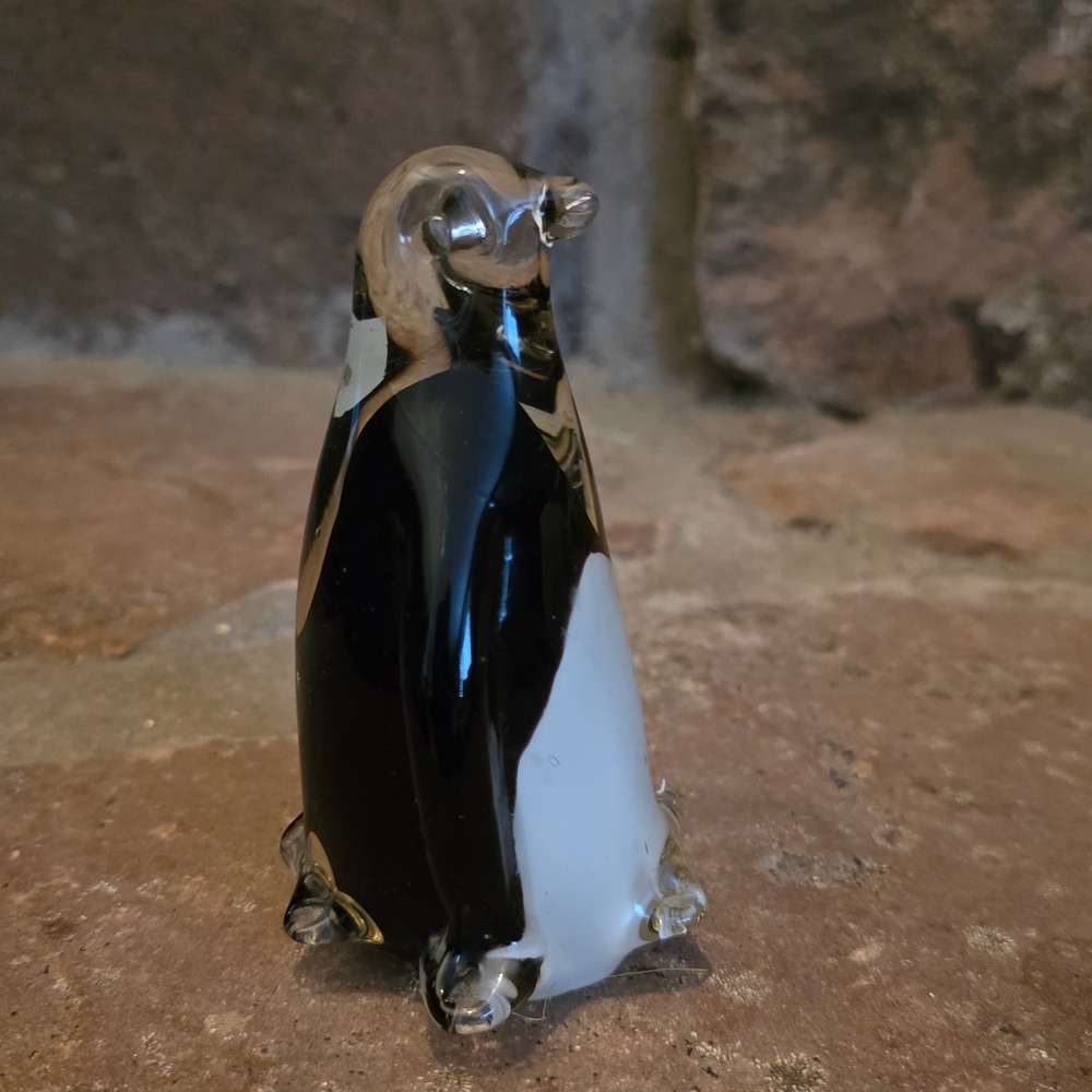 Vintage Art Glass Murano Type Penguin Figurine Black White Clear Paperweight MCM